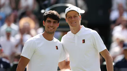 Carlos Alcaraz and Jannik Sinner pose together prior to the Wimbledon final.