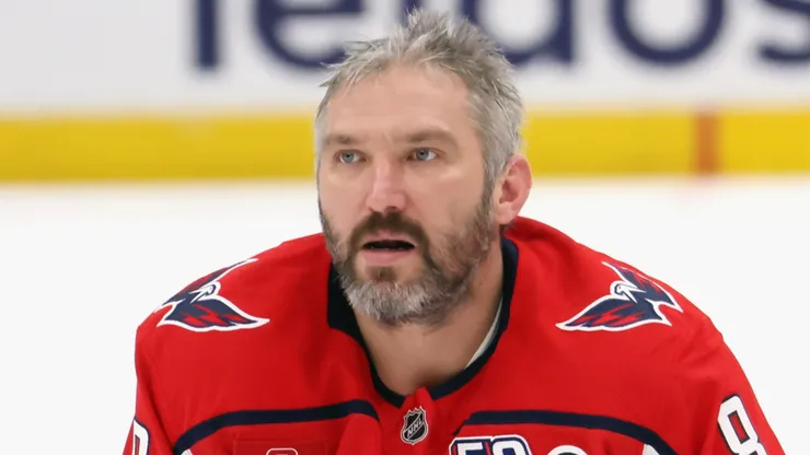 Alex Ovechkin #8 of the Washington Capitals warms up prior to a game against the Carolina Hurricanes in Game Five of the Second Round of the 2025 Stanley Cup Playoffs at Capital One Arena on May 15, 2025 in Washington, DC.