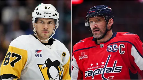 Sidney Crosby #87 of the Pittsburgh Penguins and Alex Ovechkin #8 of the Washington Capitals