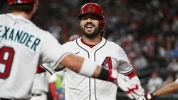 Eugenio Suarez #28 of the Arizona Diamondbacks celebrates after hitting a three run home run against the St. Louis Cardinals during the first inning at Chase Field on July 20, 2025.
