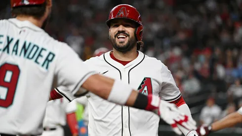 Eugenio Suarez #28 of the Arizona Diamondbacks celebrates after hitting a three run home run against the St. Louis Cardinals during the first inning at Chase Field on July 20, 2025.