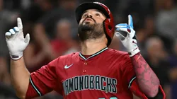 Eugenio Suarez #28 of the Arizona Diamondbacks reacts after hitting a solo home run against the Houston Astros during the third inning at Chase Field on July 21, 2025 in Phoenix, Arizona.