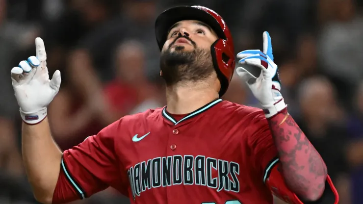 Eugenio Suarez #28 of the Arizona Diamondbacks reacts after hitting a solo home run against the Houston Astros during the third inning at Chase Field on July 21, 2025 in Phoenix, Arizona.