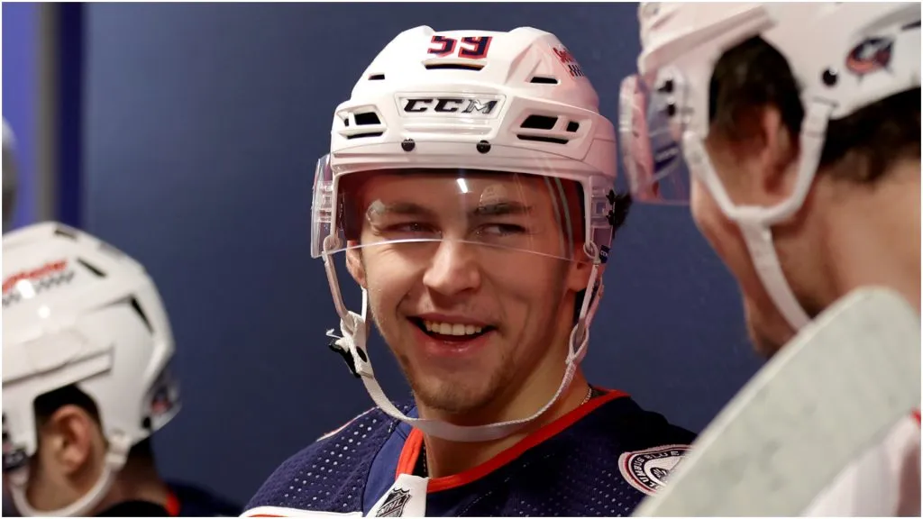 Yegor Chinakhov #59 and Dmitri Voronkov #10 of the Columbus Blue Jackets speak before playing against the Philadelphia Flyers at the Wells Fargo Center on November 19, 2023 in Philadelphia, Pennsylvania.