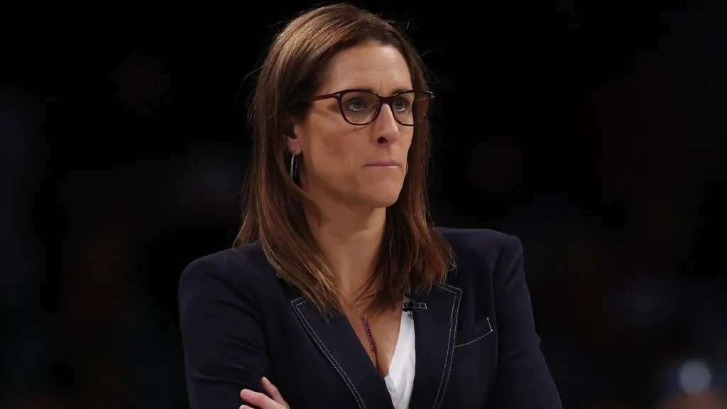 Indiana Fever head coach Stephanie White looks on against the New York Liberty during their game at Barclays Center on July 22, 2025. (Source: Ishika Samant/Getty Images)