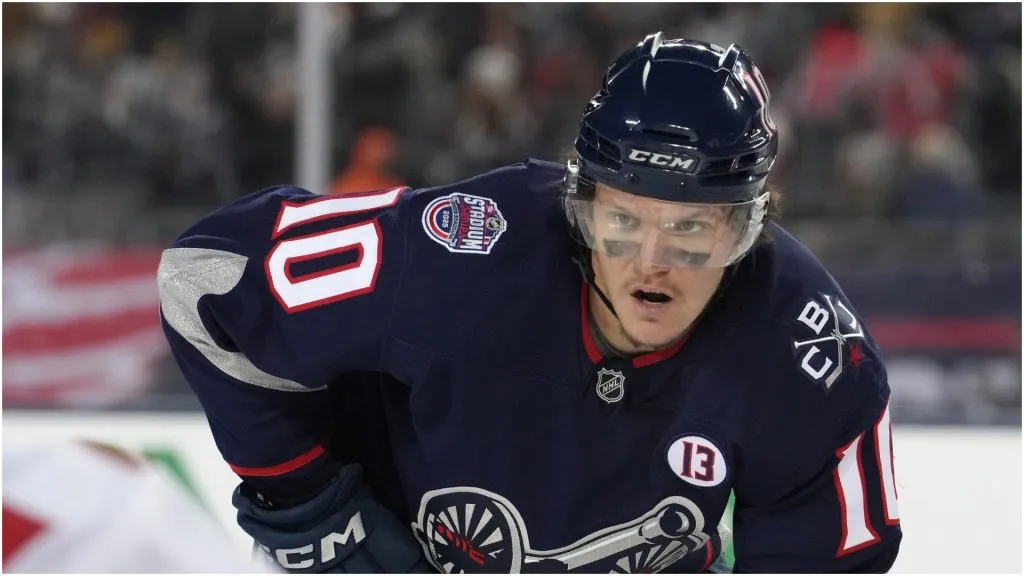 Dmitri Voronkov #10 of the Columbus Blue Jackets seen in action during the 2025 NHL Stadium Series against the Detroit Red Wings at Ohio Stadium on March 01, 2025 in Columbus, Ohio.