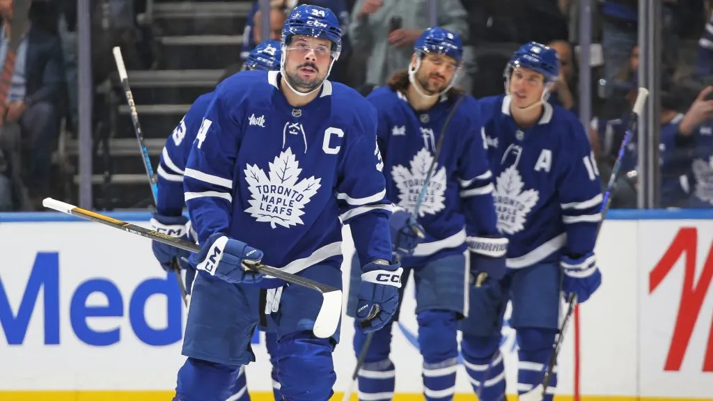 Auston Matthews #34 of the Toronto Maple Leafs skates back to the bench after a scoring goal against the Tampa Bay Lightning during the first period at Scotiabank Arena on January 20, 2025 in Toronto, Ontario, Canada. (Photo by Claus Andersen/Getty Images)