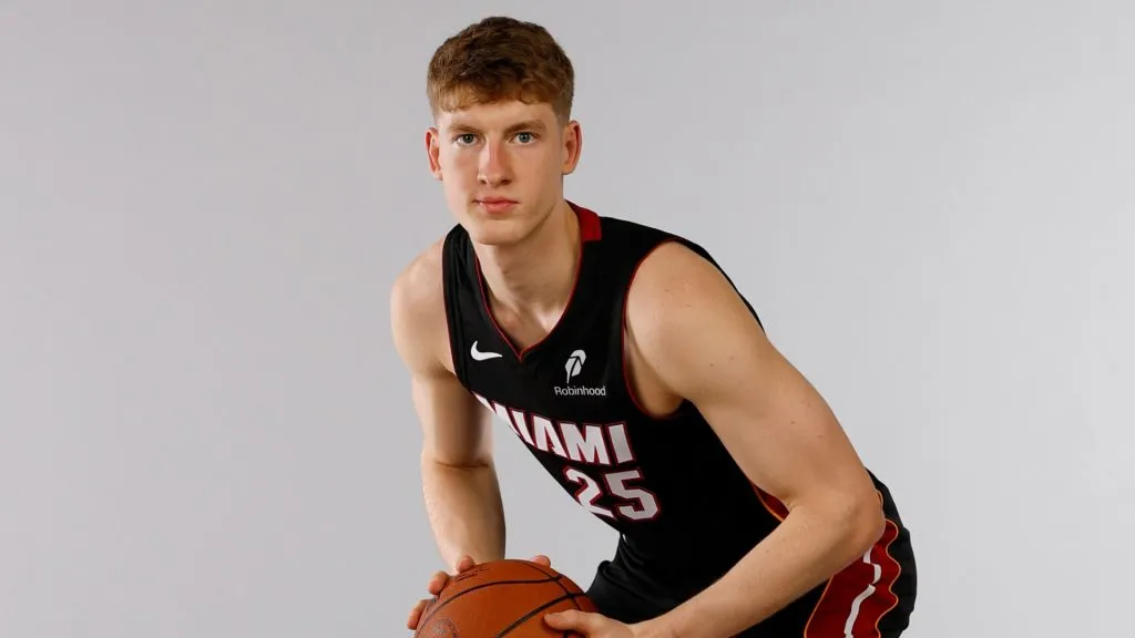 Kasparas Jakucionis #25 of the Miami Heat poses for a portrait during the 2025 NBA Rookie Photo Shoot at UNLV on July 15, 2025. (Source: Harry How/Getty Images)