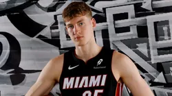 Kasparas Jakucionis #25 of the Miami Heat poses for a portrait during the 2025 NBA Rookie Photo Shoot at UNLV on July 15, 2025.