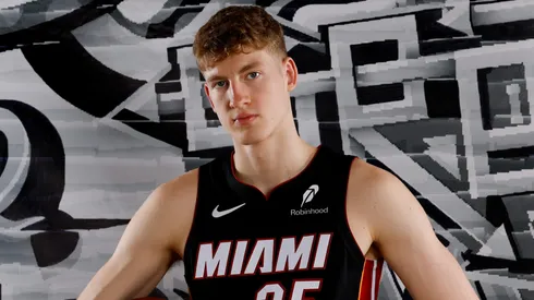 Kasparas Jakucionis #25 of the Miami Heat poses for a portrait during the 2025 NBA Rookie Photo Shoot at UNLV on July 15, 2025.