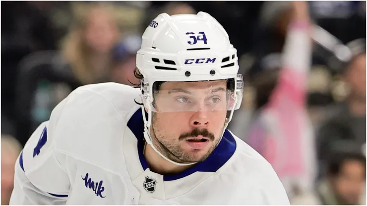 Auston Matthews #34 of the Toronto Maple Leafs skates against the Vegas Golden Knights in the third period of their game at T-Mobile Arena on March 05, 2025 in Las Vegas, Nevada.