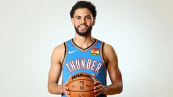 Ajay Mitchell #25 of the Oklahoma City Thunder poses for a portrait during the 2024 NBA Rookie Photo Shoot at UNLV on July 16, 2024.