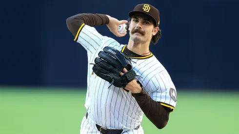 Dylan Cease #84 of the San Diego Padres pitchrs during the first inning of a game against the Arizona Diamondbacks at Petco Park on July 09, 2025 in San Diego, California.