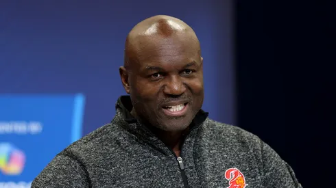 Todd Bowles speaks to the media during the NFL Combine on February 25, 2025 in Indianapolis.