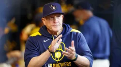 Manager Pat Murphy #49 of the Milwaukee Brewers watches from the dugout in the sixth inning against the Boston Red Sox at American Family Field on May 27, 2025 in Milwaukee, Wisconsin.
