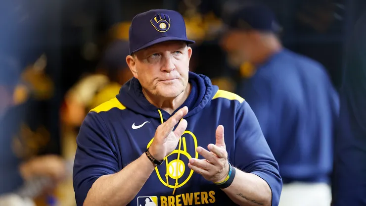 Manager Pat Murphy #49 of the Milwaukee Brewers watches from the dugout in the sixth inning against the Boston Red Sox at American Family Field on May 27, 2025 in Milwaukee, Wisconsin.