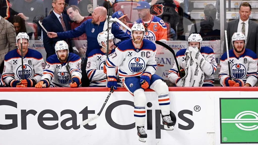 Connor McDavid #97 of the Edmonton Oilers looks on during the first period against the Florida Panthers in Game Three of the 2025 Stanley Cup Final at Amerant Bank Arena on June 09, 2025 in Sunrise, Florida. (Photo by Carmen Mandato/Getty Images)