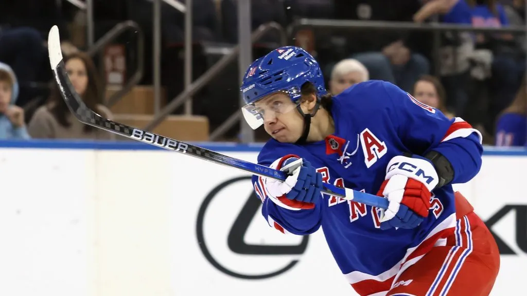 Artemi Panarin #10 of the New York Rangers takes a second period shot against the Nashville Predators at Madison Square Garden on March 02, 2025 in New York City. (Photo by Bruce Bennett/Getty Images)