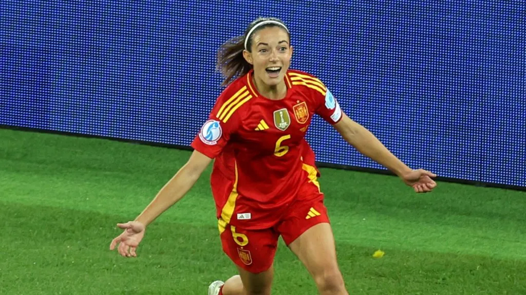 Aitana Bonmati of Spain celebrates scoring her team’s first goal during the UEFA Women’s EURO 2025 Semi-Final match between Germany and Spain at Stadion Letzigrund on July 23, 2025. (Source: Eddie Keogh/Getty Images)