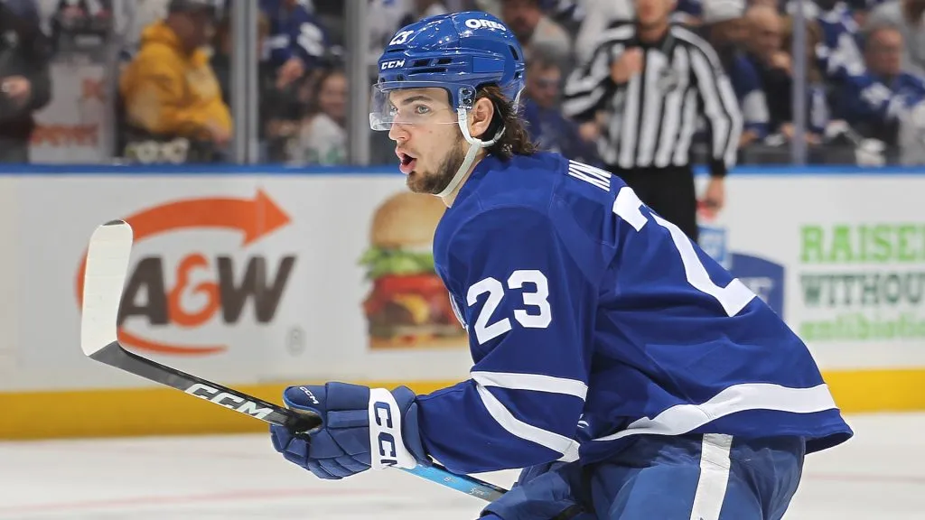Matthew Knies #23 of the Toronto Maple Leafs skates against the Florida Panthers during the third period in Game Seven of the Second Round of the 2025 Stanley Cup Playoffs at Scotiabank Arena on May 18, 2025 in Toronto, Ontario, Canada. (Photo by Claus Andersen/Getty Images)