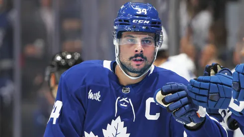 Auston Matthews #34 of the Toronto Maple Leafs celebrates a goal against the Tampa Bay Lightning during the first period in an NHL game at Scotiabank Arena on January 20, 2025 in Toronto, Ontario, Canada.