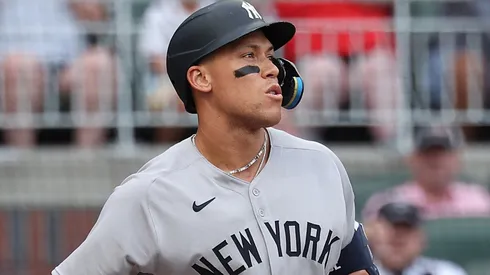 Aaron Judge #99 of the New York Yankees strikes out in the first inning against the Atlanta Braves at Truist Park on July 19, 2025 in Atlanta, Georgia.