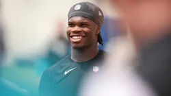 Travis Hunter #12 of the Jacksonville Jaguars runs looks on during Jacksonville Jaguars Rookie Minicamp at Miller Electric Center on May 10, 2025 in Jacksonville, Florida.