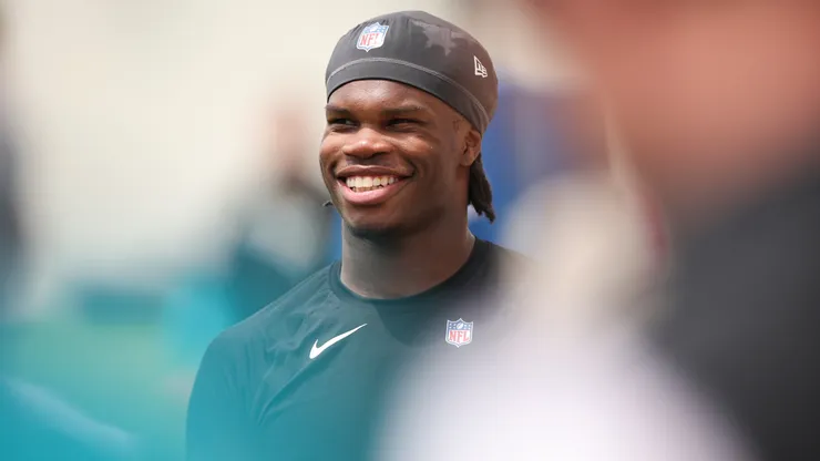 Travis Hunter #12 of the Jacksonville Jaguars runs looks on during Jacksonville Jaguars Rookie Minicamp at Miller Electric Center on May 10, 2025 in Jacksonville, Florida.