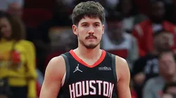 Reed Sheppard #15 of the Houston Rockets looks on against the Portland Trail Blazers during the second half in the NBA Emirates Cup at Toyota Center on November 22, 2024.
