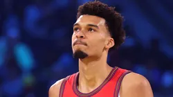 Victor Wembanyama #1 of the San Antonio Spurs and Chuck's Global Stars looks on against Kenny's Young Stars during the 74th NBA All-Star Game.