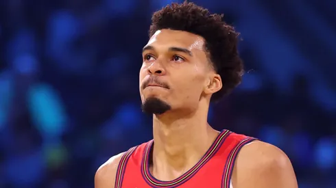 Victor Wembanyama #1 of the San Antonio Spurs and Chuck's Global Stars looks on against Kenny's Young Stars during the 74th NBA All-Star Game.