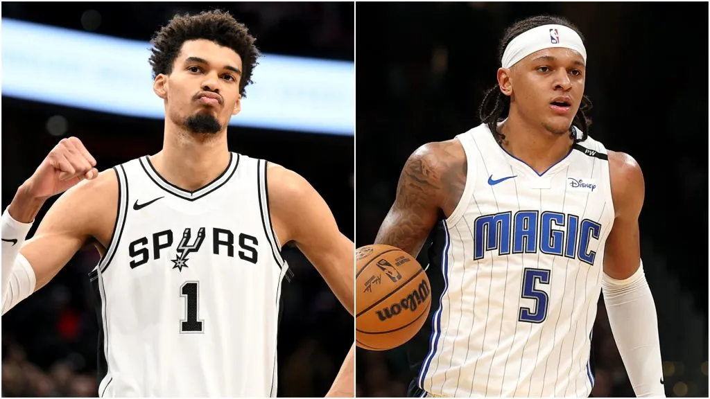 Victor Wembanyama #1 of the San Antonio Spurs and Paolo Banchero #5 of the Orlando Magic.