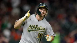 Nick Kurtz #16 of the Athletics reacts after hitting his fourth home run of the game in the ninth inning against the Houston Astros at Daikin Park on July 25, 2025 in Houston, Texas.