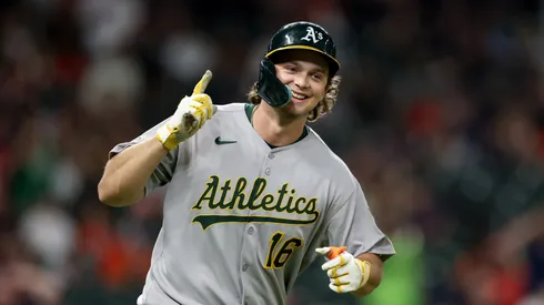 Nick Kurtz #16 of the Athletics reacts after hitting his fourth home run of the game in the ninth inning against the Houston Astros at Daikin Park on July 25, 2025 in Houston, Texas.
