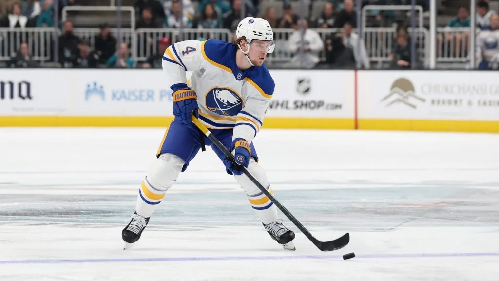 Bowen Byram #4 of the Buffalo Sabres in action against the San Jose Sharks at SAP Center on November 23, 2024 in San Jose, California. (Photo by Ezra Shaw/Getty Images)