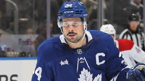 Auston Matthews #34 of the Toronto Maple Leafs skates against of the Montreal Canadiens during the first period in an NHL game at Scotiabank Arena on April 12, 2025 in Toronto, Ontario, Canada.