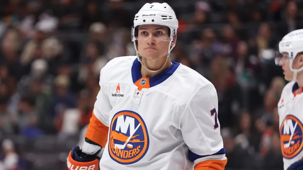 Maxim Tsyplakov #7 of the New York Islanders looks on during the second period of a game against the Anaheim Ducks at Honda Center on March 09, 2025 in Anaheim, California. (Photo by Sean M. Haffey/Getty Images)