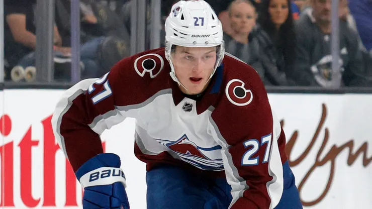 Oskar Olausson #27 with the Colorado Avalanche skates with the puck against the Vegas Golden Knights in the first period of their preseason game at T-Mobile Arena on September 28, 2021 in Las Vegas, Nevada.
