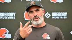 Head coach Kevin Stefanski of the Cleveland Browns talks to reporters during training camp at CrossCountry Mortgage Campus on July 25, 2025 in Berea, Ohio.
