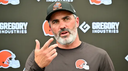 Head coach Kevin Stefanski of the Cleveland Browns talks to reporters during training camp at CrossCountry Mortgage Campus on July 25, 2025 in Berea, Ohio.
