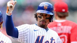 Francisco Lindor #12 of the New York Mets reacts after he hit a single that scored a run against the New York Mets in the fourth inning at Citi Field on July 23, 2025 in New York City.
