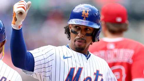 Francisco Lindor #12 of the New York Mets reacts after he hit a single that scored a run against the New York Mets in the fourth inning at Citi Field on July 23, 2025 in New York City.