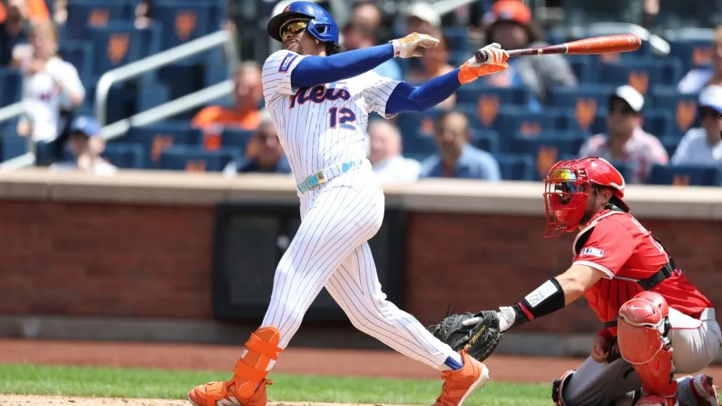 Francisco Lindor #12 of the New York Mets drives in a run with a single in the third inning against the Los Angeles Angels during their game at Citi Field on July 23, 2025 in New York City. (Photo by Al Bello/Getty Images)