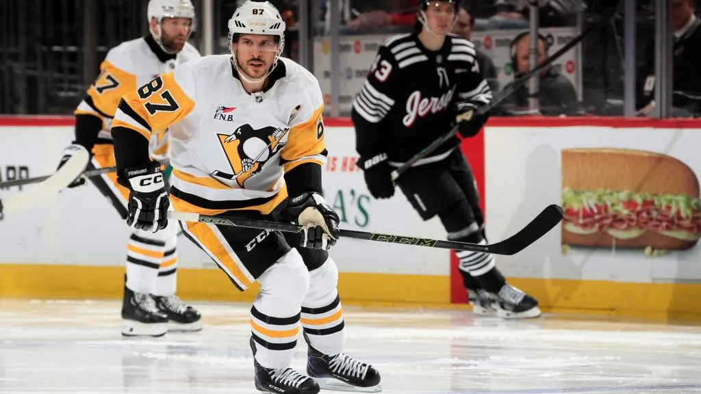 Sidney Crosby #87 of the Pittsburgh Penguins skates against the New Jersey Devils at Prudential Center on April 11, 2025 in Newark, New Jersey. (Photo by Bruce Bennett/Getty Images)