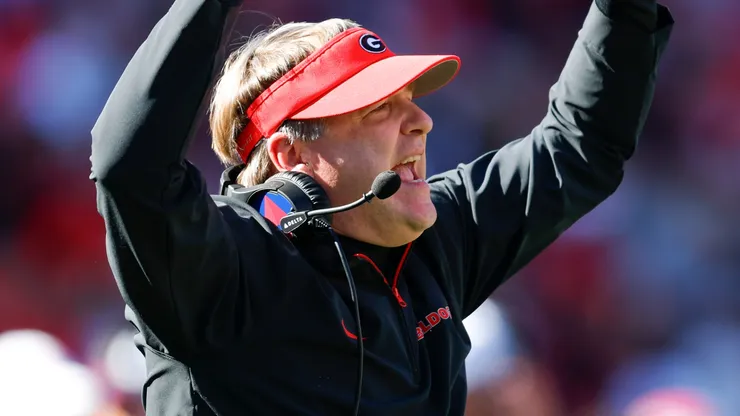 Head coach Kirby Smart of the Georgia Bulldogs reacts during the first quarter against the Massachusetts Minutemen at Sanford Stadium on November 23, 2024 in Athens, Georgia.