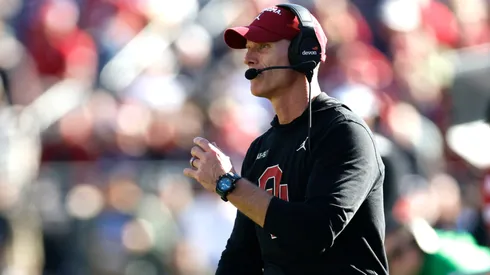 Head coach Brent Venables of the Oklahoma Sooners looks on as Oklahoma takes on Navy during the second half of the Lockheed Martin Armed Forces Bowl at Amon G. Carter Stadium on December 27, 2024 in Fort Worth, Texas.