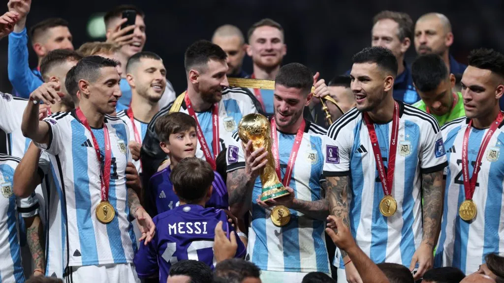 Rodrigo De Paul of Argentina lifts the FIFA World Cup Qatar 2022 Winner’s Trophy.