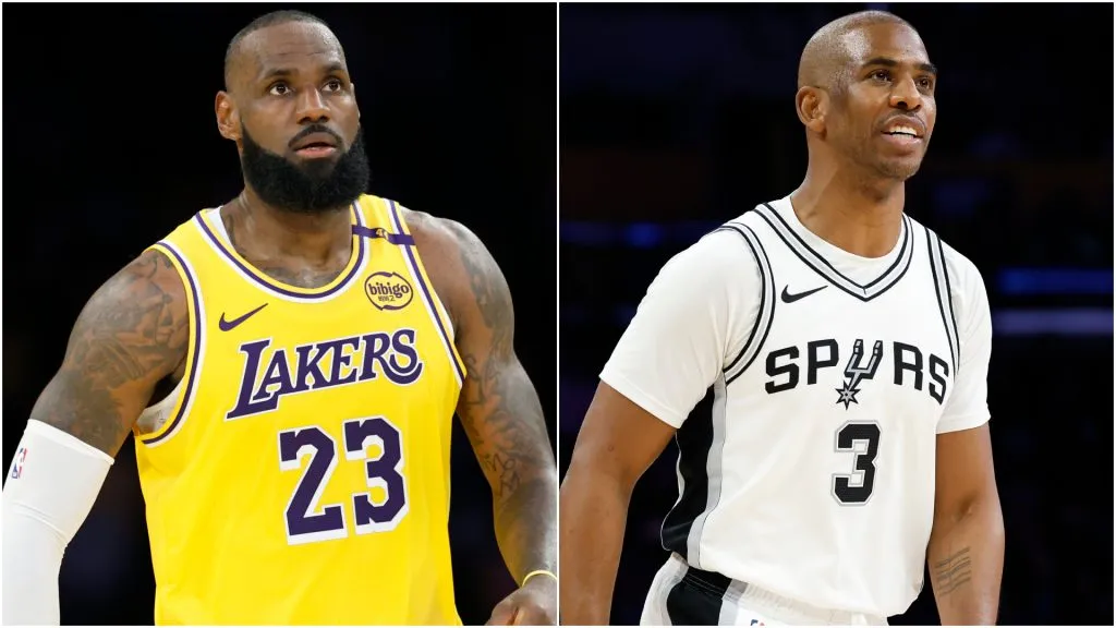 LeBron James #23 of the Los Angeles Lakers and Chris Paul playing for San Antonio Spurs.