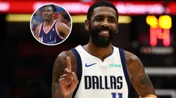 Kyrie Irving #11 of the Dallas Mavericks and Hakeem Olajuwon #34 of the Houston Rockets.