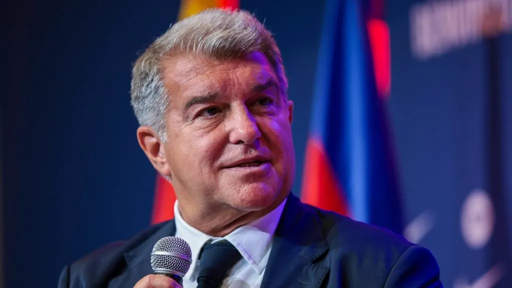 FC Barcelona President Joan Laporta faces the media during the unveiled of Hansi Flick as new FC Barcelona Coach at Spotify Camp Nou on July 25, 2024 in Barcelona, Spain.